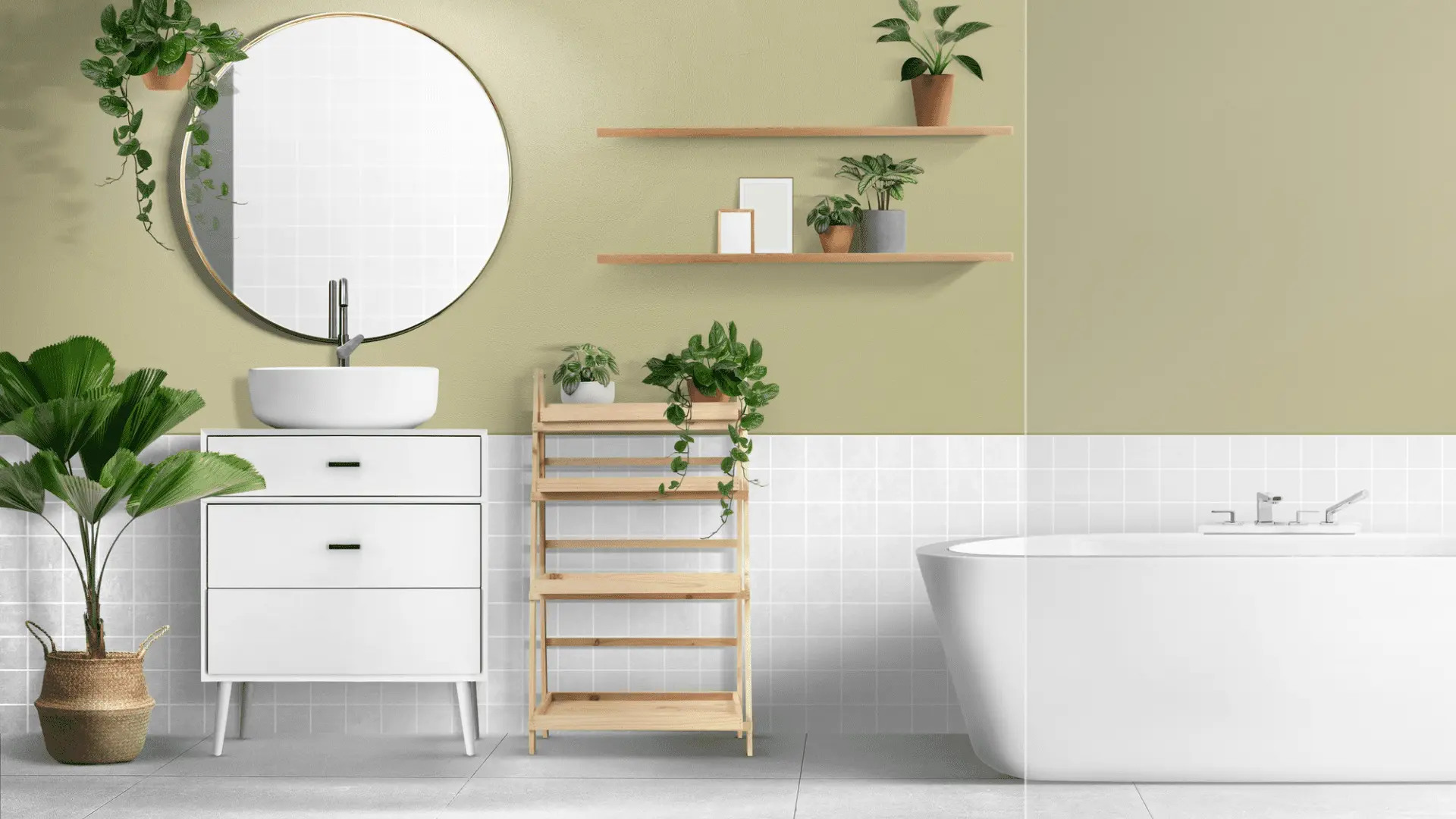 Esempio di bagno in design ecologico a Roma, realizzato con materiali sostenibili, piante, legno chiaro e soluzioni a risparmio energetico