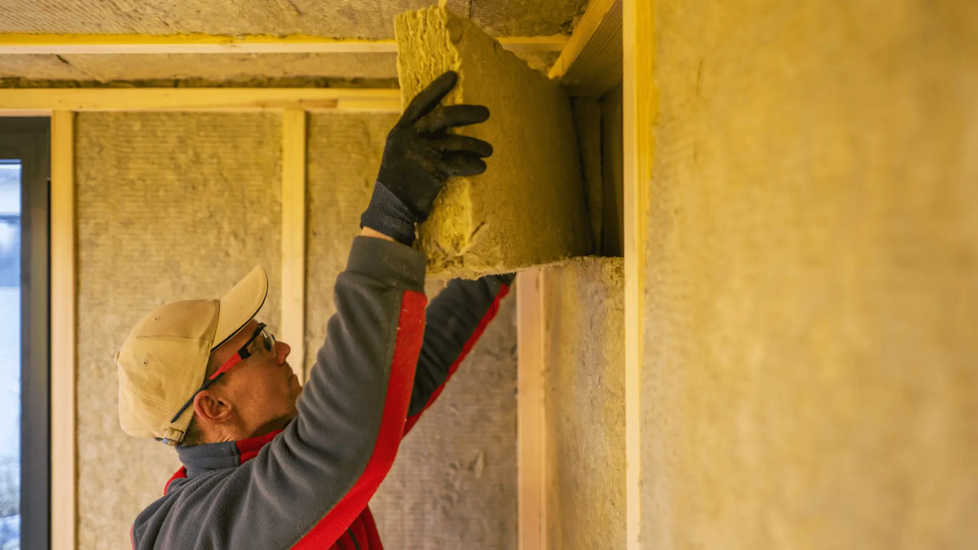 Operaio che inserisce materiale isolante in una parete in costruzione, un processo chiaro che si riflette nei nostri preventivi trasparenti