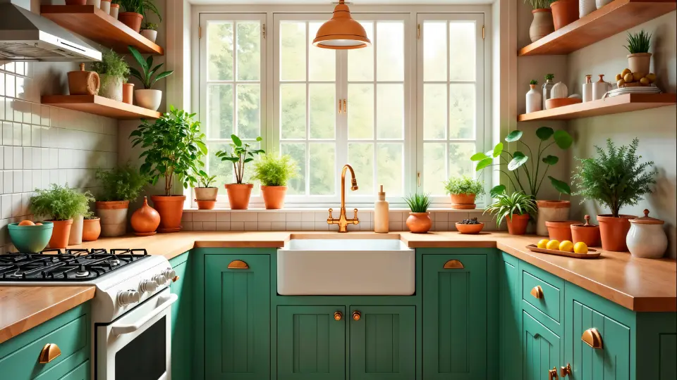 Cucina in design ecologico a Roma, con mobili verdi, top in legno naturale, lavello in ceramica e abbondanza di piante per un ambiente luminoso e sostenibile.