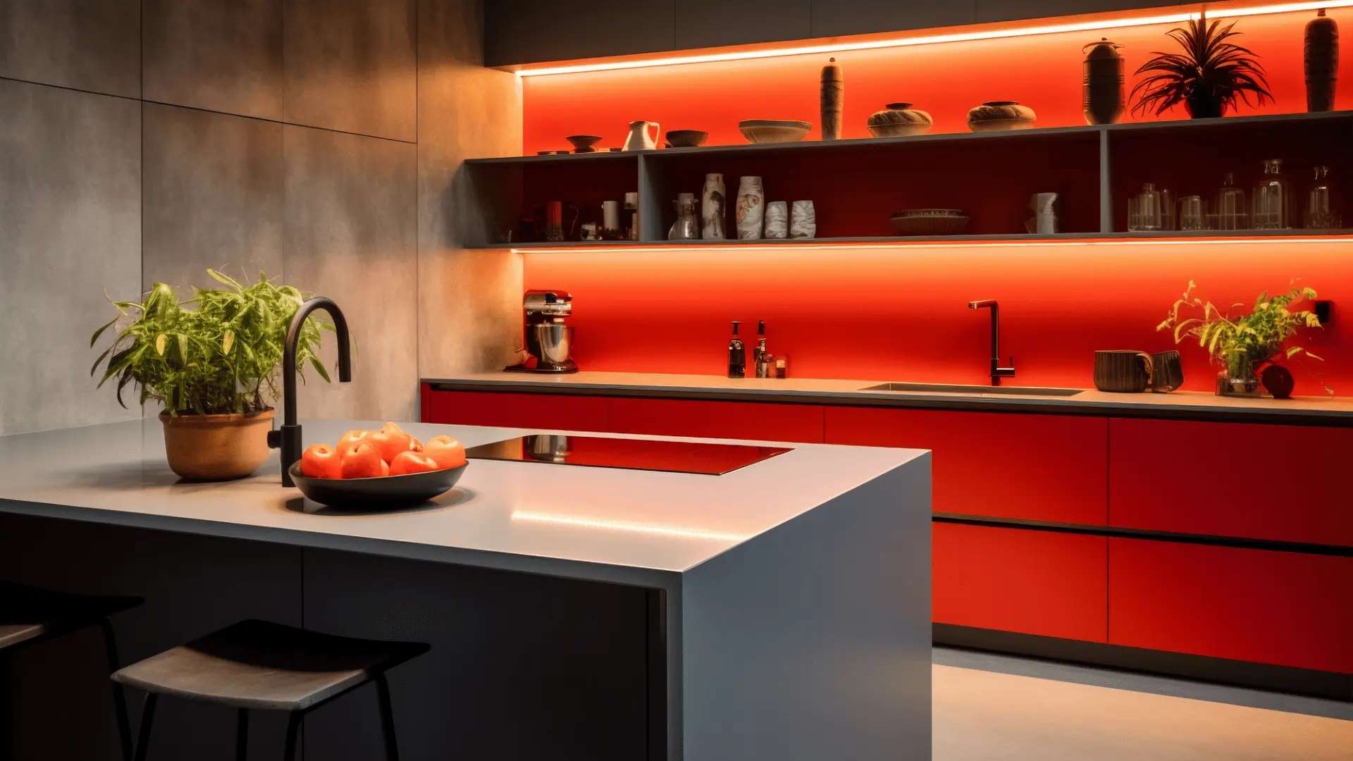 Cucina di design moderno con illuminazione a LED, realizzata con componenti di alta qualità per garantire una ristrutturazione duratura