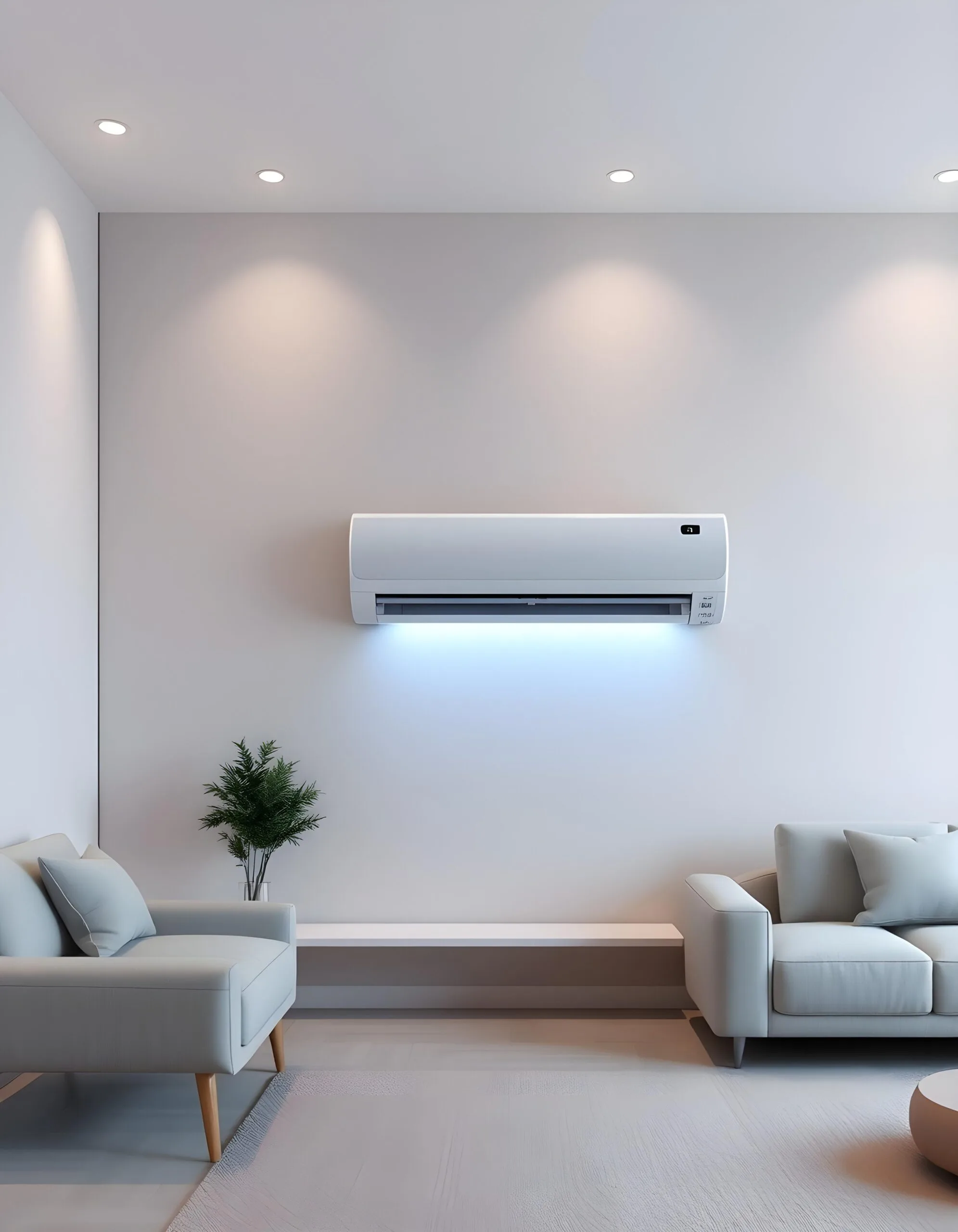 Condizionatore split moderno installato su una parete di un soggiorno, a dimostrazione di un'installazione pulita ed efficiente per il massimo comfort