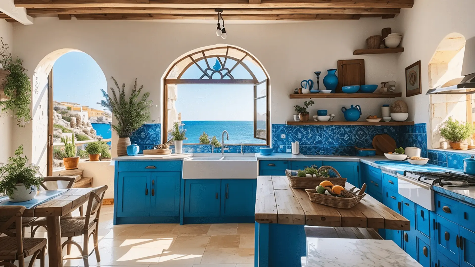 Cucina in stile mediterraneo con vista mare, un risultato di design ottenibile grazie ai nostri preventivi trasparenti e una pianificazione chiara