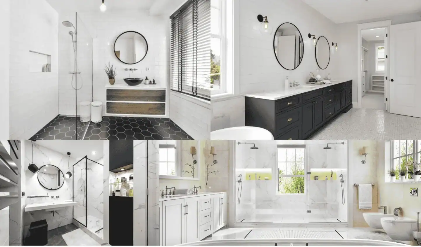 Lavabo e specchio rotondo in bagno con pareti bianche e arredi scuri.